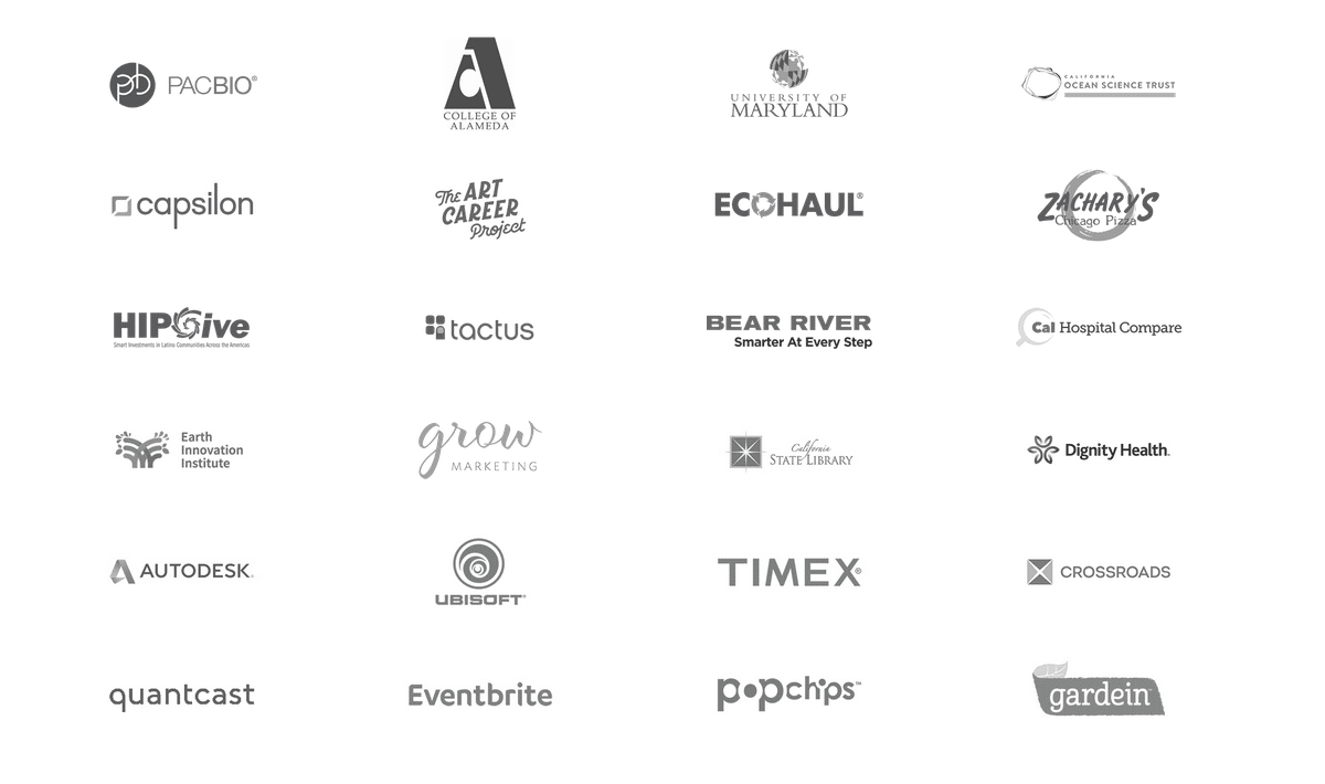 Client logos including PacBio, College of Alameda, University of Maryland, Zachary's Pizza, Autodesk, Eventbrite, Timex, and more