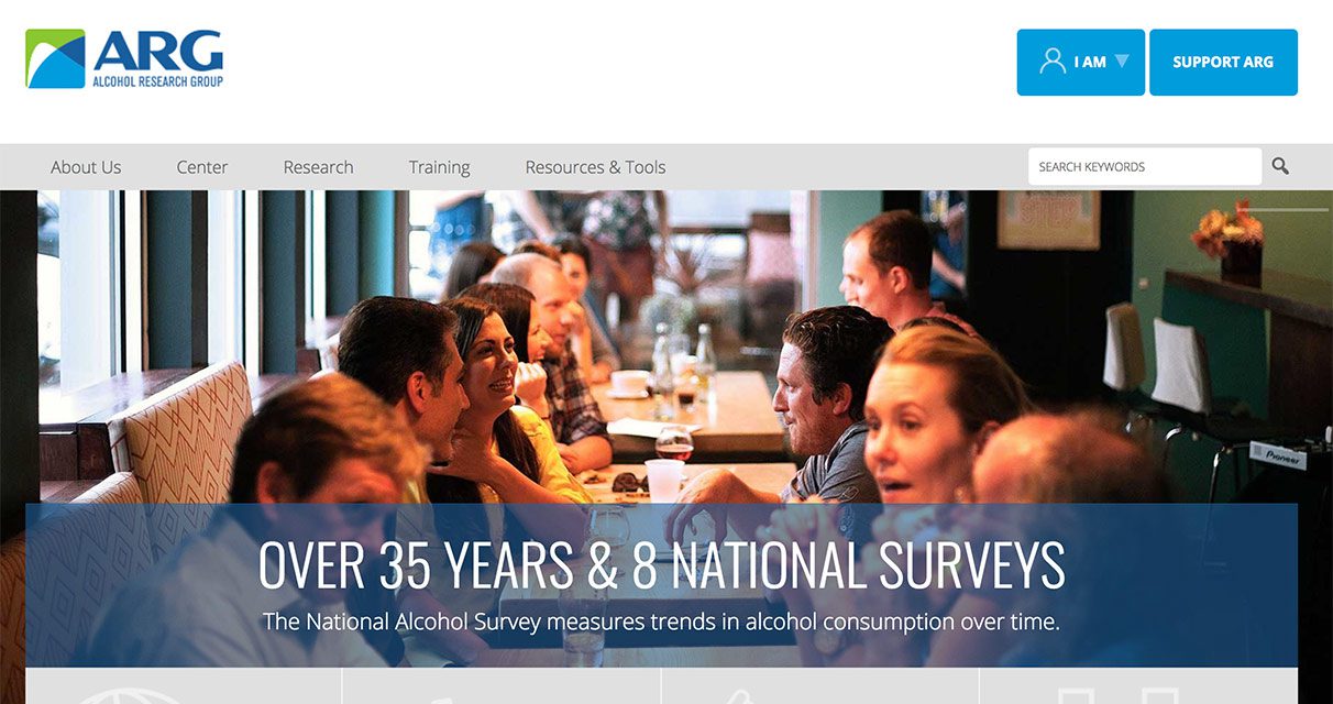 Screenshot of the Alcohol Research Group website showing people dining at a restaurant, with a banner reading “Over 35 Years & 8 National Surveys” and a description about measuring trends in alcohol consumption.