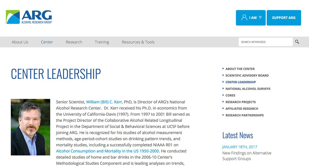 Screenshot of the Alcohol Research Group’s “Center Leadership” webpage, featuring a headshot of a man, navigation menus, and text describing Bill C. Kerr, PhD, a senior scientist and director at ARG.