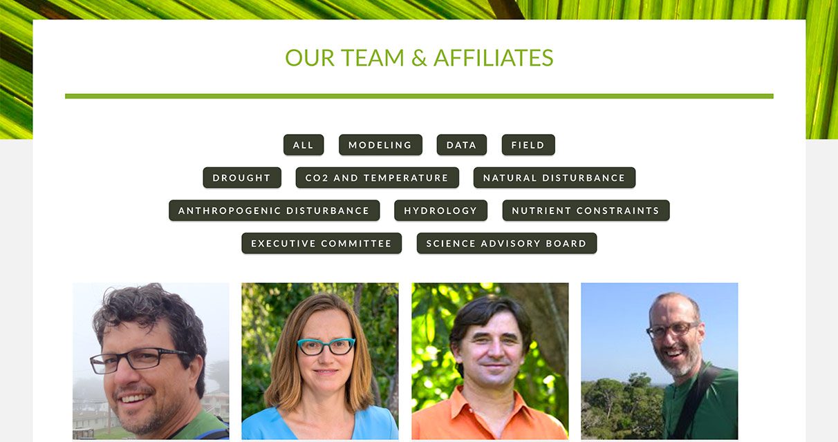 A website section titled Our Team & Affiliates shows filter tags above headshots of four smiling individuals, each in an outdoor setting, with a tropical leaf background at the top.