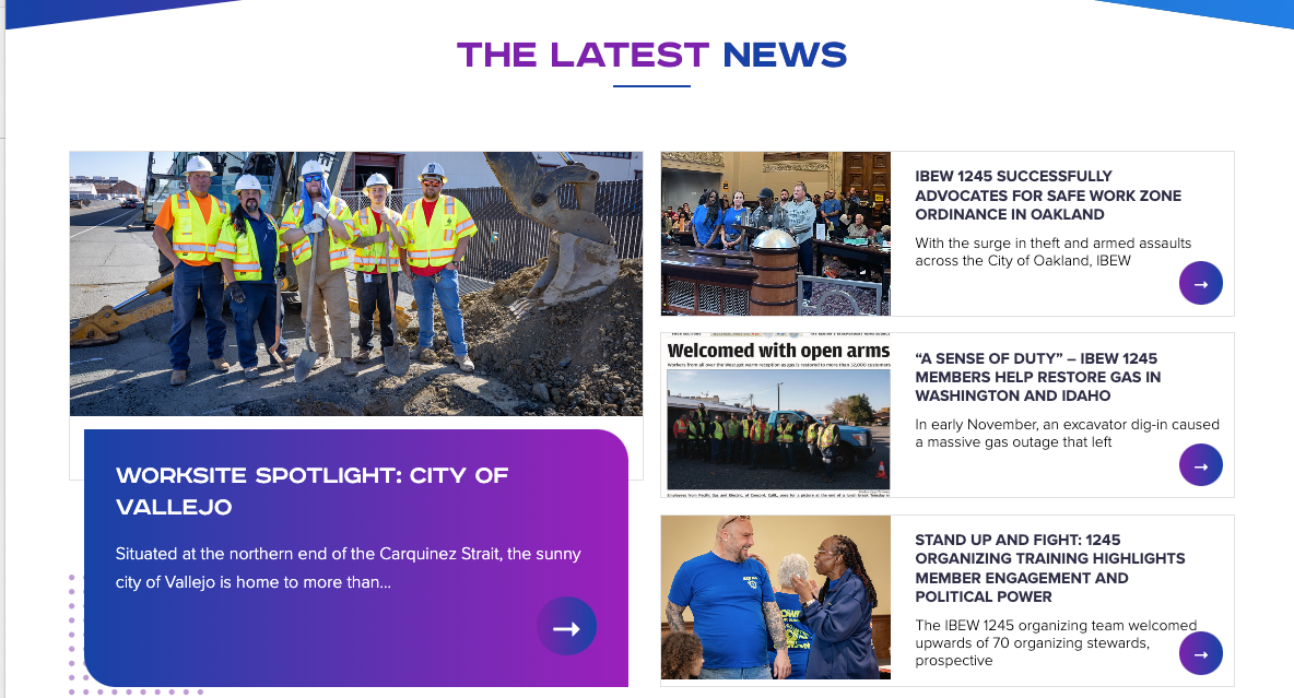 A group of construction workers in safety gear pose at a worksite. To the right, news headlines and images cover worksite advocacy, gas restoration, and member engagement events. The Latest News is the main heading.