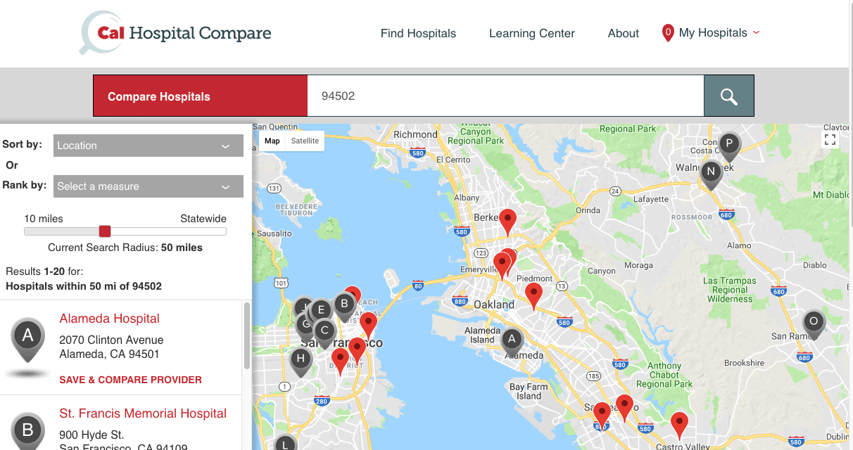 Screenshot of Cal Hospital Compare website showing a map of the Bay Area with red and black pins marking hospital locations, a search bar with 94502 entered, and a list of hospitals on the left.