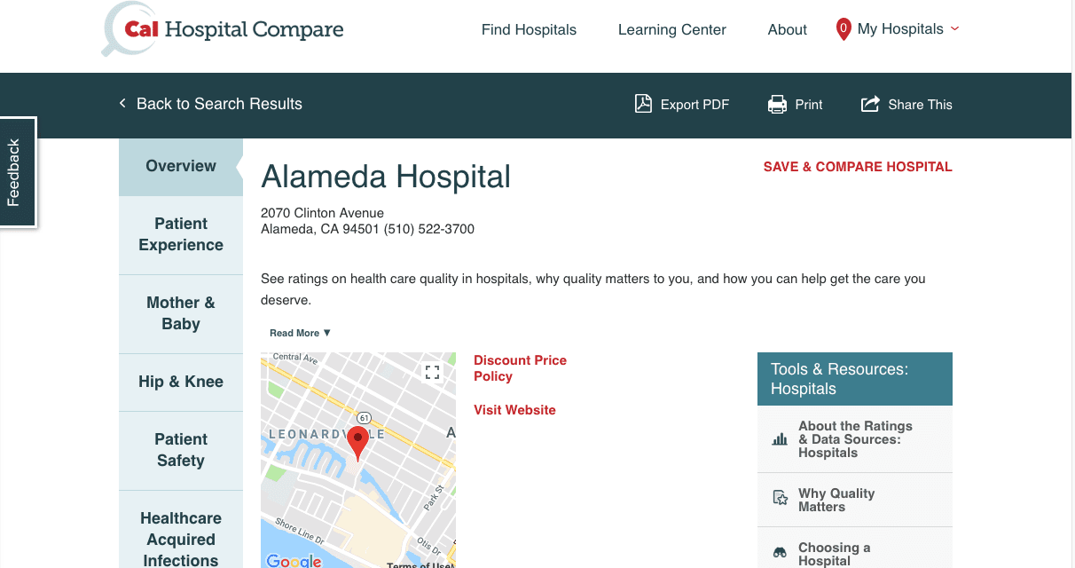 Screenshot of the Cal Hospital Compare website for Alameda Hospital, showing contact details, a map, hospital ratings, and navigation links on the left for different care categories. Tools and resources panel is on the right.