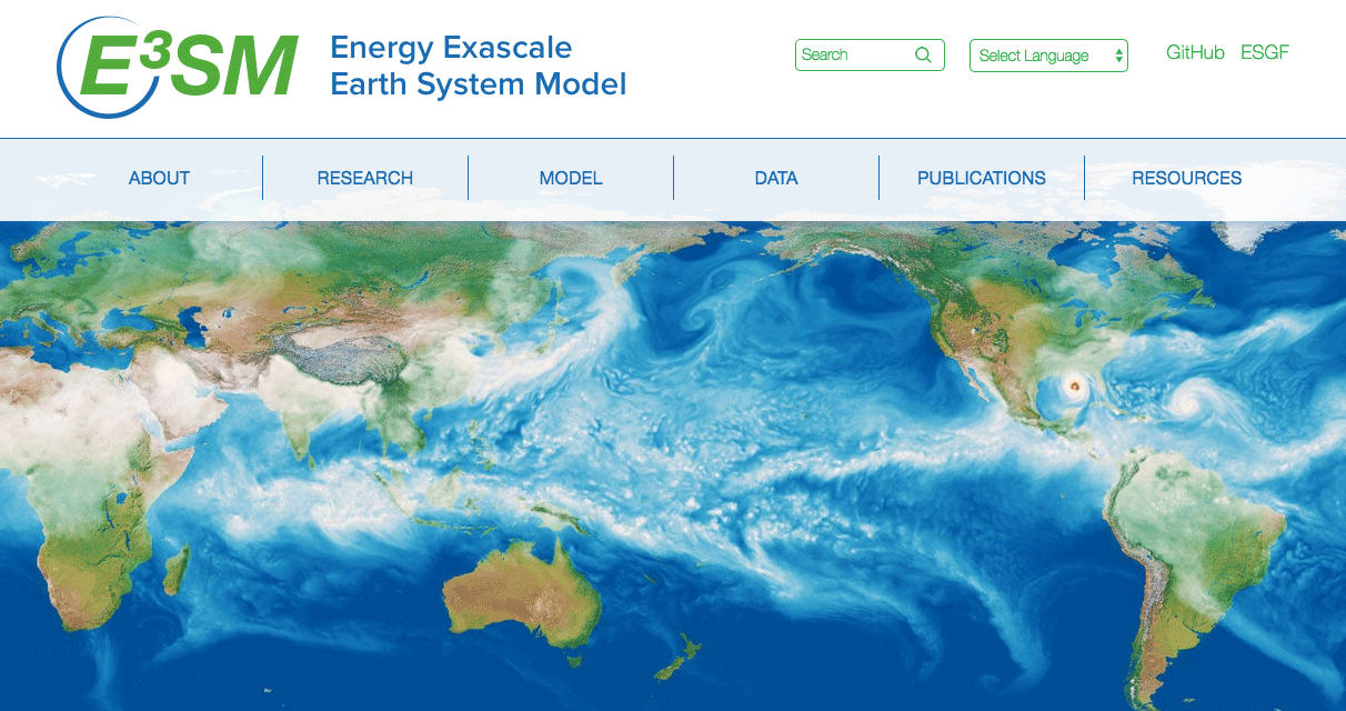 Screenshot of the E3SM (Energy Exascale Earth System Model) website homepage, showing a world map with atmospheric patterns and a navigation menu with options like About, Research, Model, Data, and Publications.
