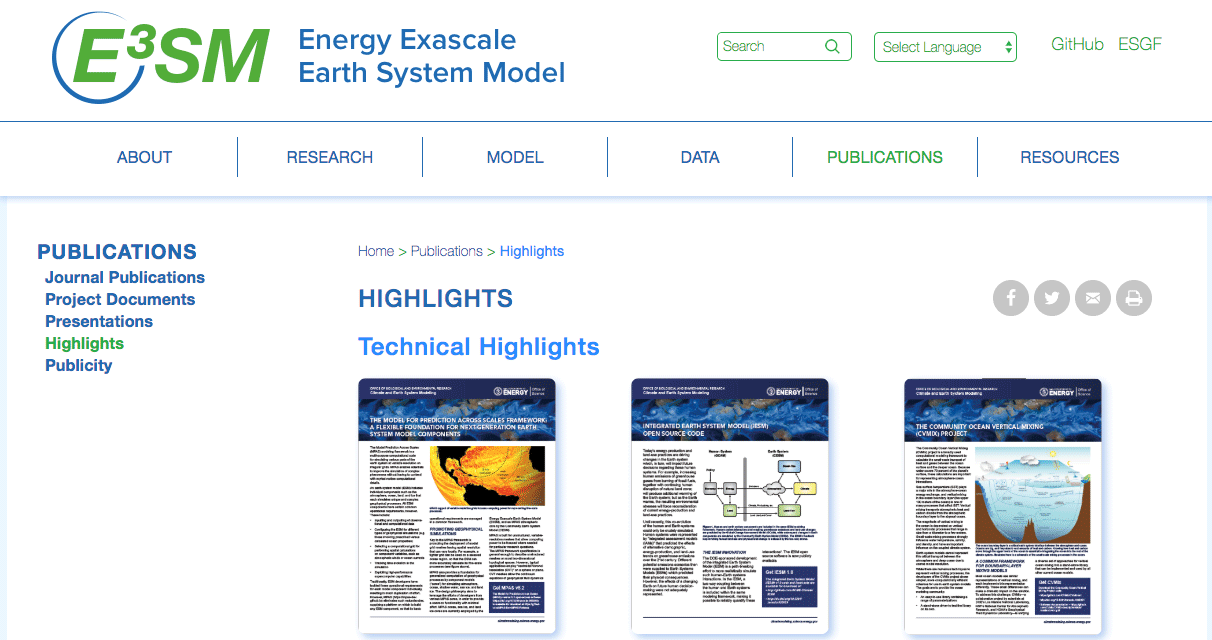 Screenshot of the E3SM (Energy Exascale Earth System Model) website’s Publications > Highlights page, displaying three technical highlight documents with thumbnails and a sidebar of publication categories.