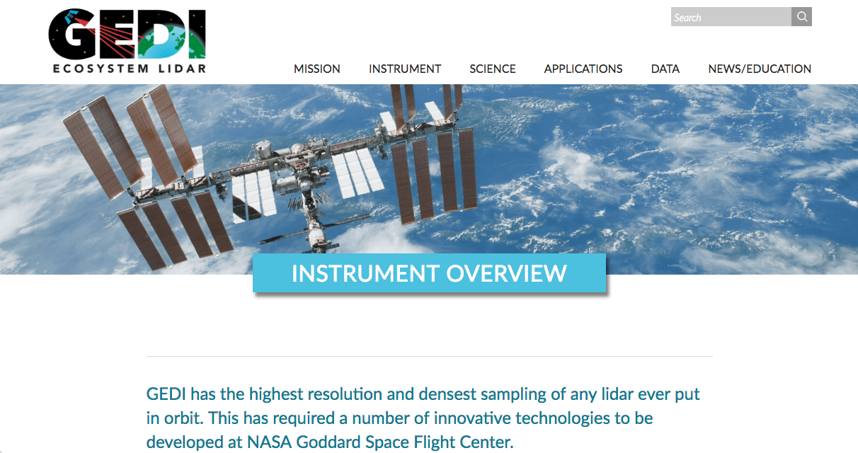 Screenshot of the GEDI Ecosystem Lidar website showing the International Space Station above Earth, with a blue banner labeled Instrument Overview and a description of GEDI’s high-resolution lidar instrument.