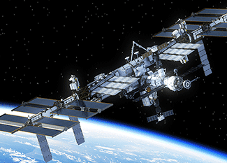 The International Space Station orbits above Earth, with solar panels extended and the planets curved horizon and a star-filled black space visible in the background.