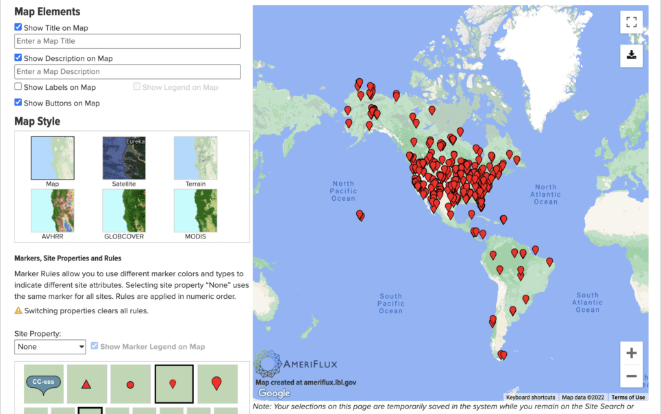 A web map displays red location markers across North America and parts of Central and South America. On the left, map style and marker property options are visible. The map is titled “AmeriFlux.”.