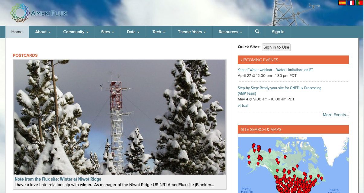 A snowy weather station tower stands among snow-covered pine trees at Niwot Ridge, shown on the AmeriFlux website. A sidebar displays upcoming events and a site map with red location markers.
