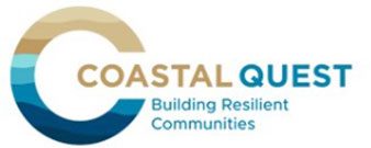 Large C with layered coastal colors, followed by the words Coastal Quest. Below, it reads Building Resilient Communities. The design evokes themes of water and resilience.