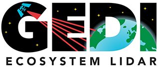Logo for GEDI Ecosystem Lidar, with GEDI letters. The “G” has a satellite emitting red laser beams, and the “D” contains an image of the Earth. Text ECOSYSTEM LIDAR appears below.