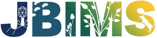 The letters JBIMS are filled with silhouettes of scientific and natural elements, including a virus, leaves, mushrooms, plants, and a fox, each blending into a gradient of blue, green, and yellow hues.