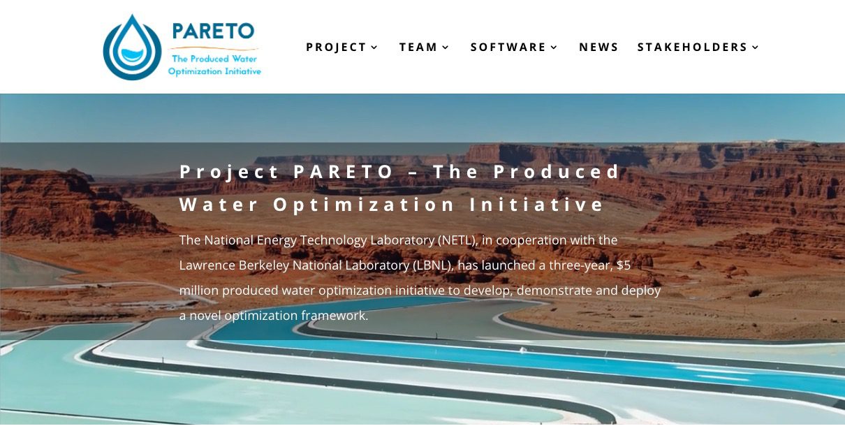 A website banner for Project PARETO shows blue water channels winding through a desert landscape with red rock formations. Text explains the initiative’s goal of optimizing produced water with support from NETL and LBNL.