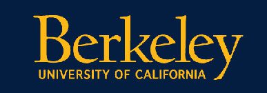 The image shows the University of California, Berkeley logo with the word Berkeley in large yellow text and University of California in smaller text below, all on a dark blue background.