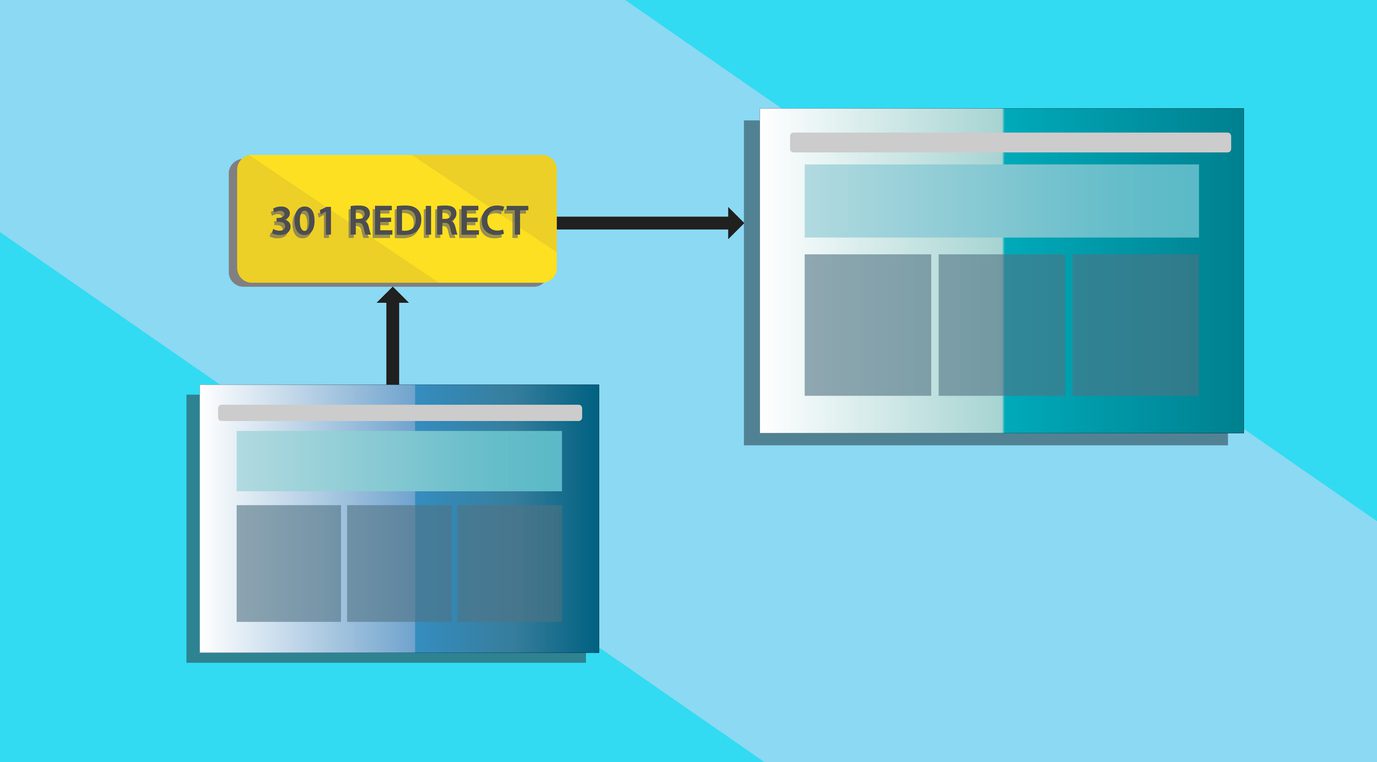 Illustration showing a 301 Redirect sign between two stylized web pages, with arrows indicating redirects from one page to another, on a blue background.
