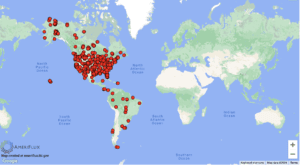 A world map displays red dots marking locations across North and South America, with clusters in the United States, Brazil, and Canada. The interactive visualization is powered by Google Maps and credited to AmeriFlux.