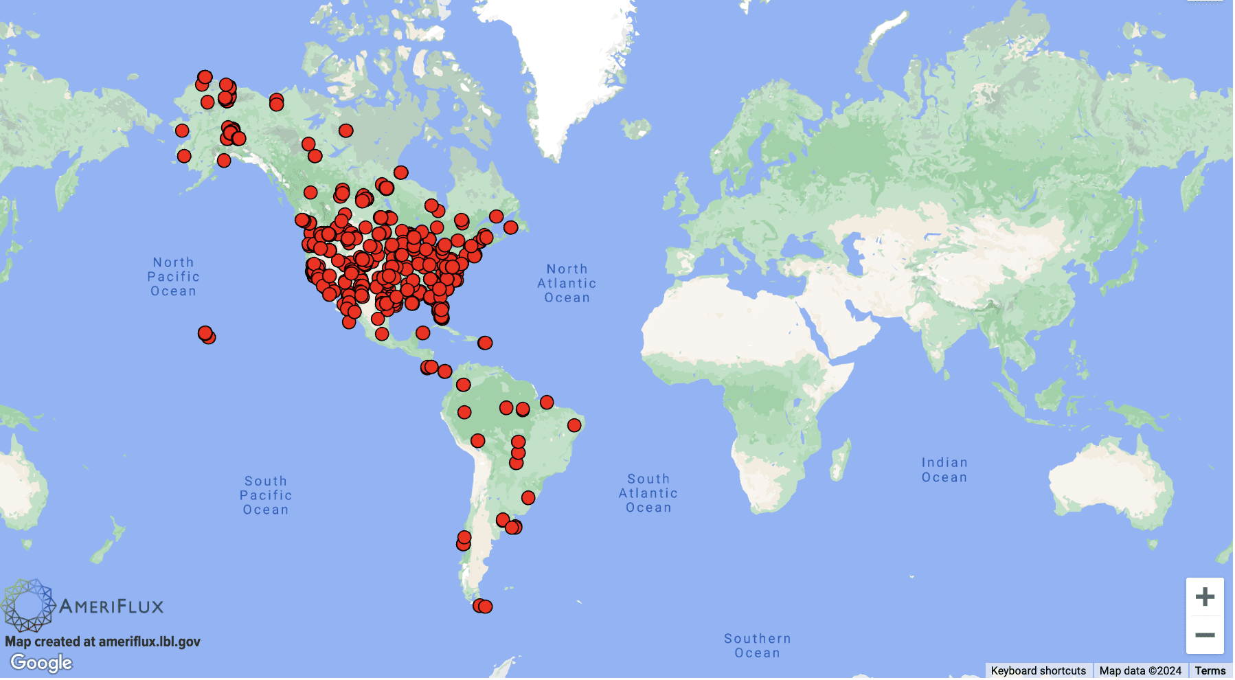 A world map displays red dots marking locations across North and South America, with clusters in the United States, Brazil, and Canada. The interactive visualization is powered by Google Maps and credited to AmeriFlux.