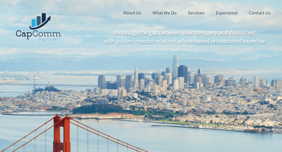 A cityscape of San Francisco with the Golden Gate Bridge in the foreground. Text reads “CapComm Partners,” highlighting investor relations advice. Website navigation links showcase a seamless CapComm Partners website study at the top.
