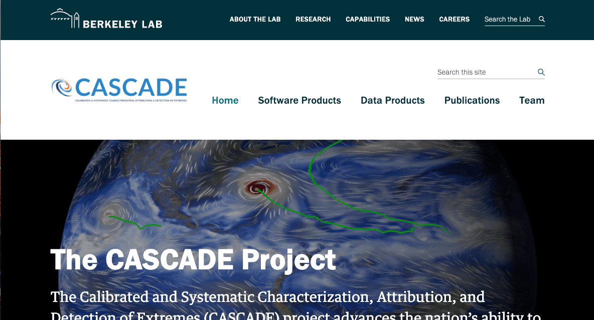 Screenshot of the Berkeley Lab CASCADE Project webpage, featuring navigation menus, a search bar, the CASCADE logo, and a large image of Earth with swirling weather patterns in the main banner.