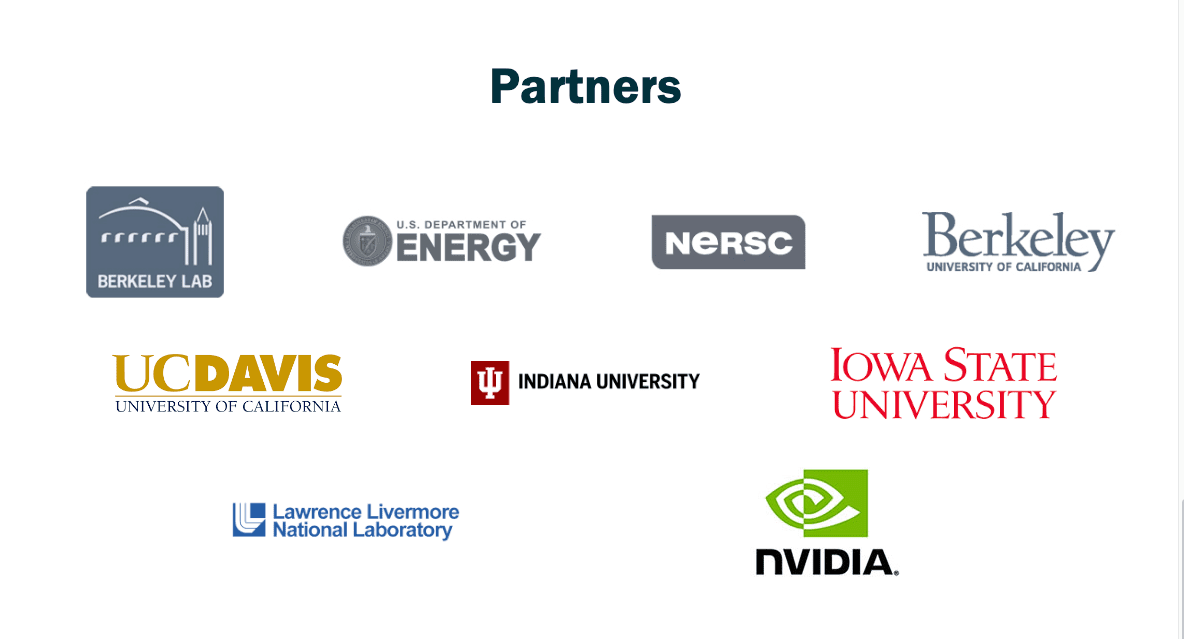 Logos of partner organizations: Berkeley Lab, U.S. Department of Energy, NERSC, University of California Berkeley, UC Davis, Indiana University, Iowa State University, Lawrence Livermore National Laboratory, and NVIDIA.