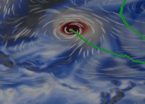 A weather map showing a swirling cyclone with a distinct eye at the center, surrounded by wind patterns. A green line traces the projected storm path across the map.