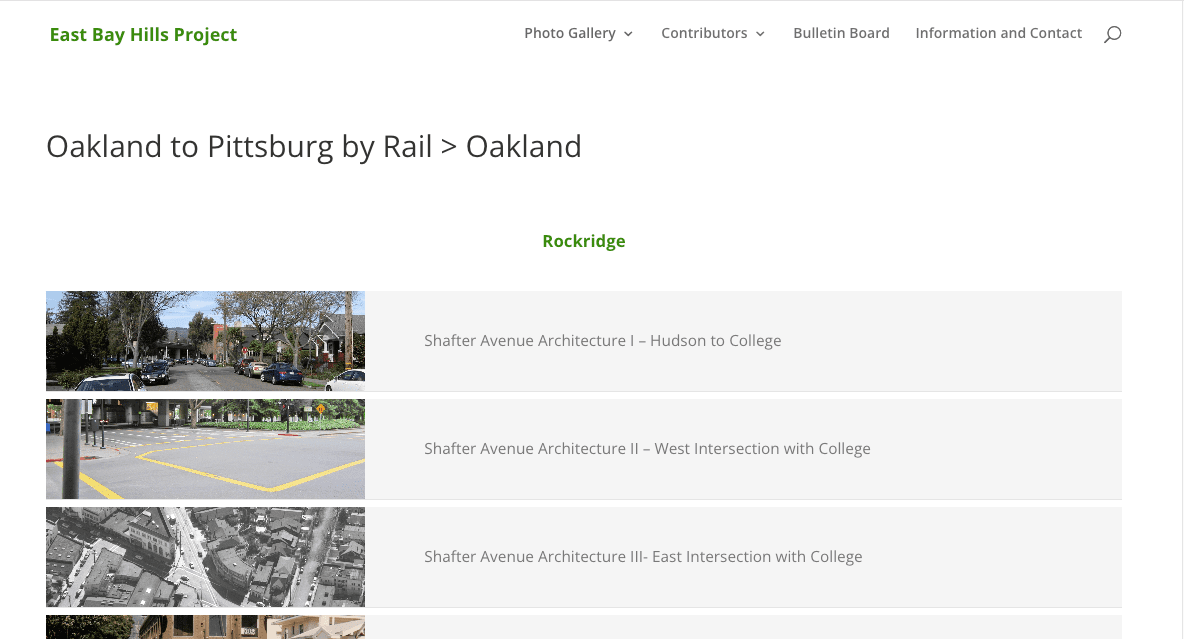 Screenshot of a website titled Oakland to Pittsburg by Rail > Oakland showing three photo entries of Shafer Avenue Architecture in Rockridge, each with descriptions and preview images of streets and intersections.