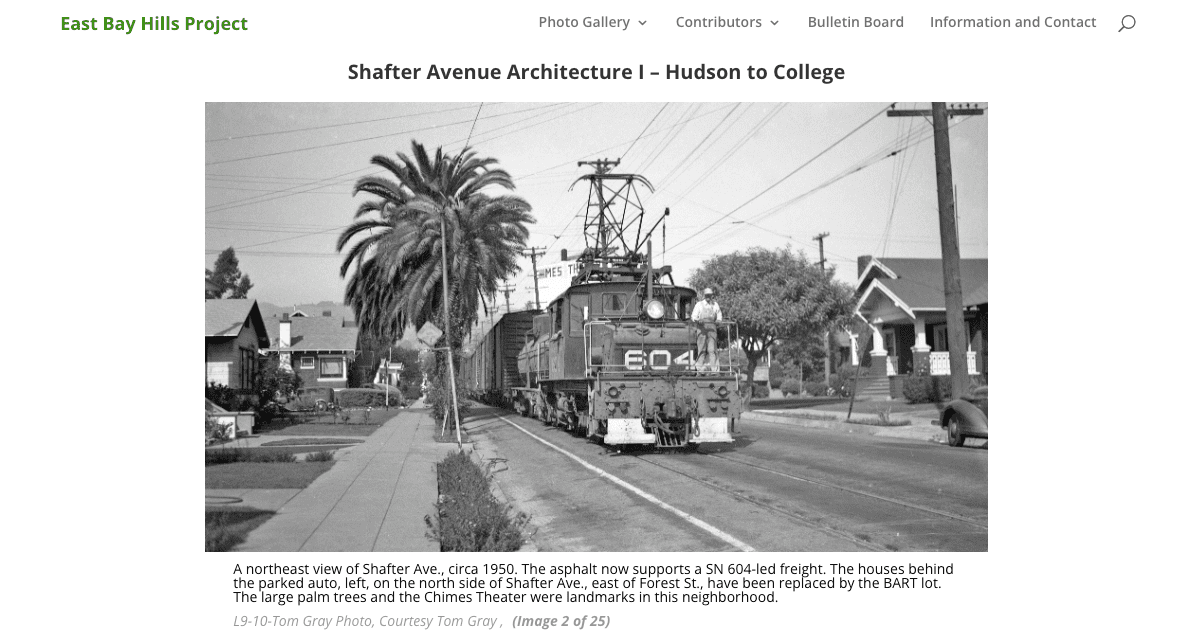 A black-and-white photo from around 1950 shows a SW 604 field freight train on Shafer Ave, passing palm trees and houses on both sides of the street. Power lines and a classic car are also visible.