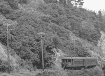 A vintage train travels along tracks at the base of a forested hillside, surrounded by dense trees and power lines.