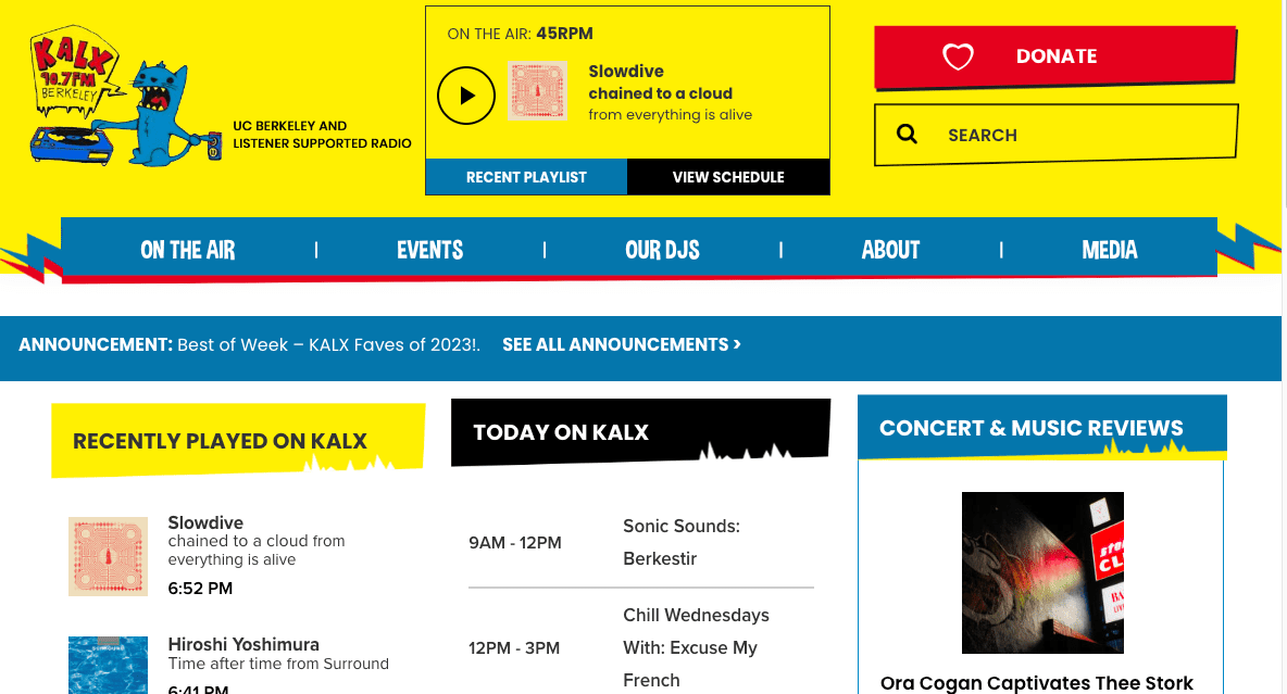 Screenshot of the KALX 90.7FM radio website featuring a blue and yellow color scheme, playlist details, a search bar, a Donate button, and sections for current, recent, and upcoming shows and music reviews.