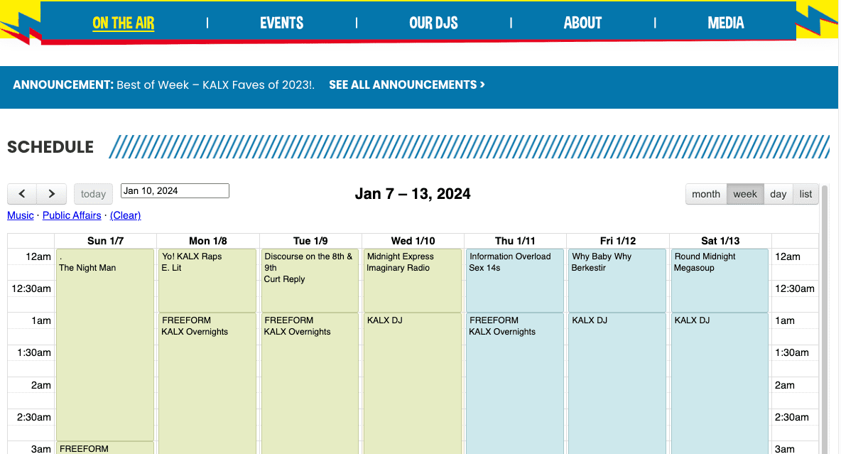 A weekly radio schedule for KALX from Jan 7–13, 2024, displays show names and times in a color-coded table. Sections for each day list different programs, such as The Night Man and Information Overload.