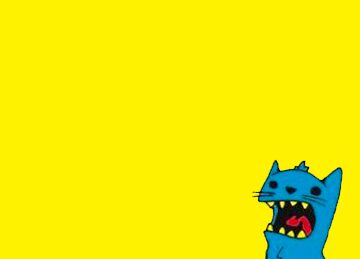 A cartoonish blue cat with an open mouth, showing sharp yellow teeth and a red tongue, appears in the bottom right corner against a bright yellow background.
