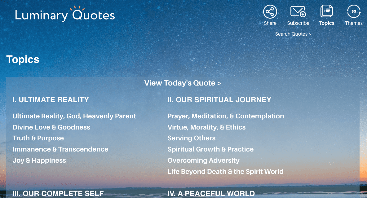 Screenshot of the Luminary Quotes website showing a list of inspirational topics, including Ultimate Reality, Our Spiritual Journey, Our Complete Self, and A Peaceful World, with related subtopics underneath.