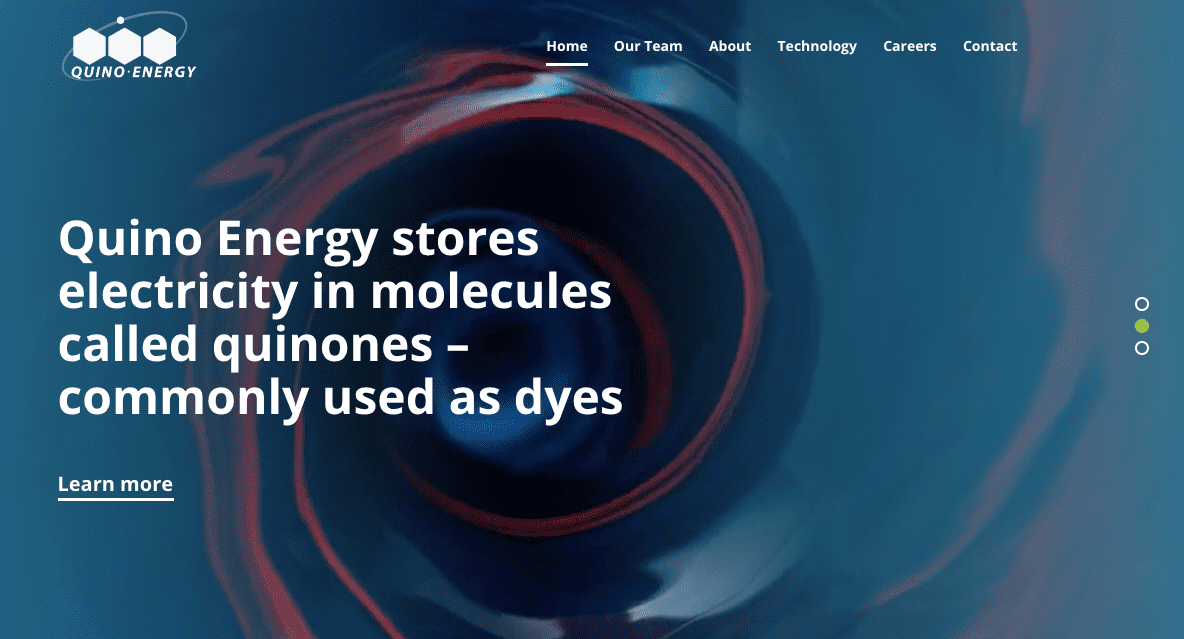 Homepage of Quino Energy’s website showing text: “Quino Energy stores electricity in molecules called quinones – commonly used as dyes,” with swirling blue and red abstract background and navigation menu at the top.