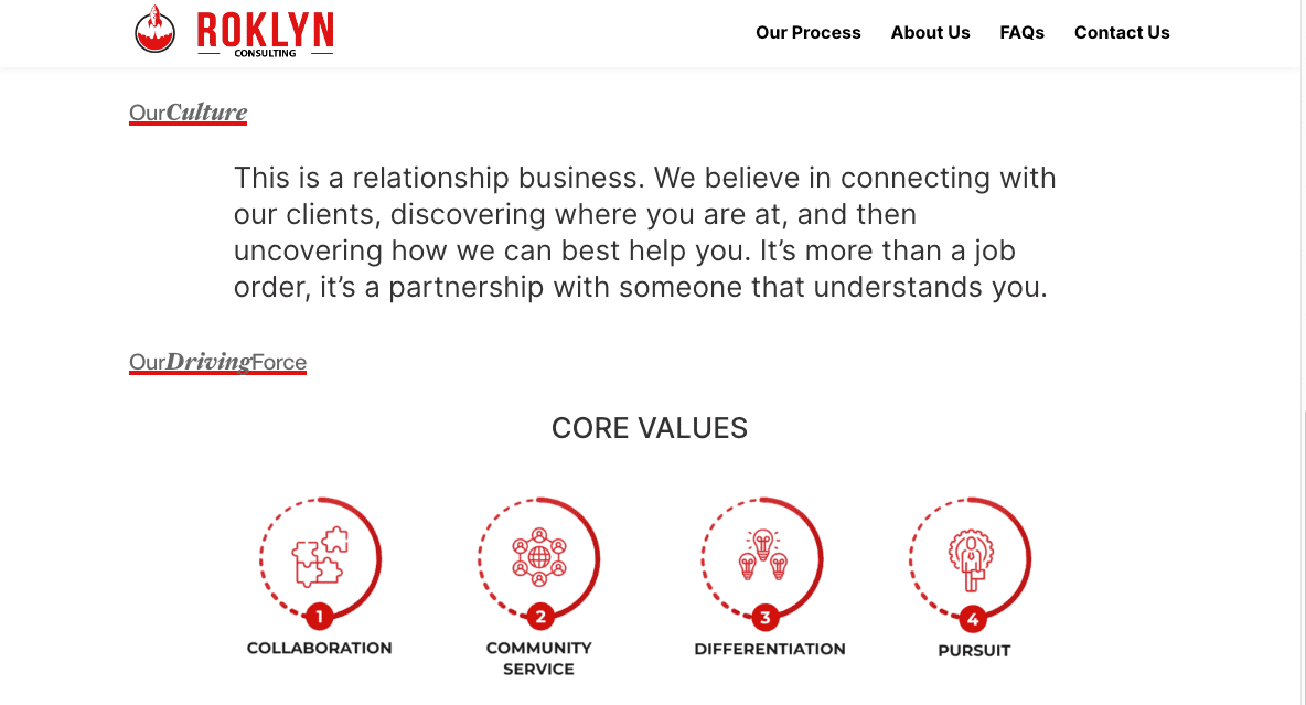 Screenshot of a consulting companys website showing their core values: collaboration, community service, differentiation, and pursuit, each represented by red icons and brief descriptions under the headings Our Culture and Our Driving Force.