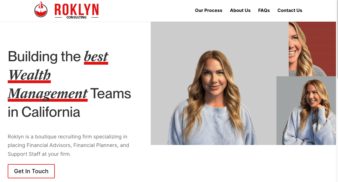 Screenshot of the Roklyn Consulting website featuring their logo, navigation menu, a headline about building top wealth management teams in California, a short company description, a Get In Touch button, and photos of a smiling woman.