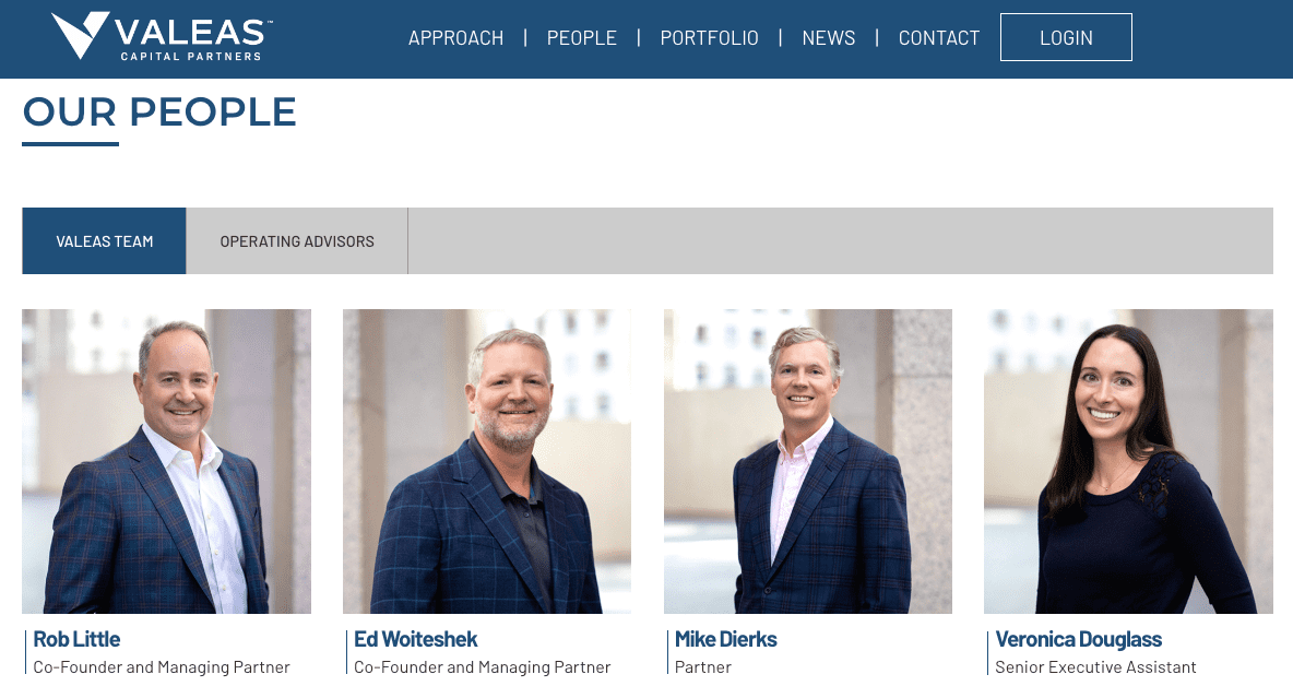 Four business professionals, three men and one woman, stand in a row wearing business attire and smiling. They are labeled as members of the VALEAS Capital Partners team on a corporate website.