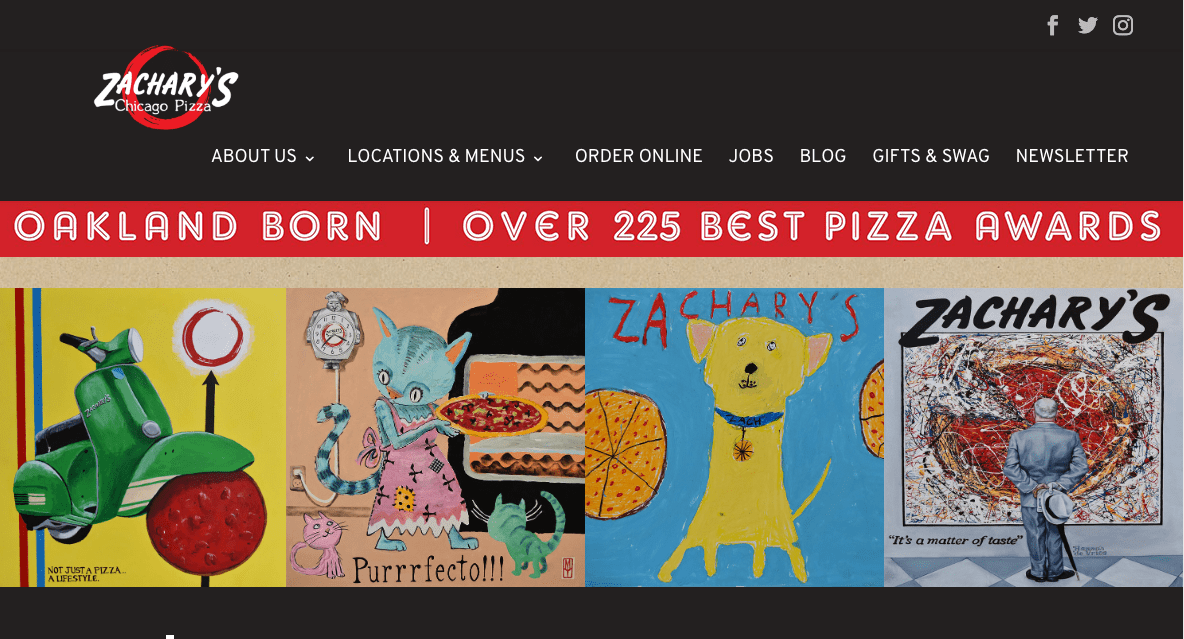 The Zacharys Chicago Pizza website header shows a red and black logo, navigation menu, and banner reading OAKLAND BORN | OVER 225 BEST PIZZA AWARDS. Below are four colorful pizza-themed animal artworks.