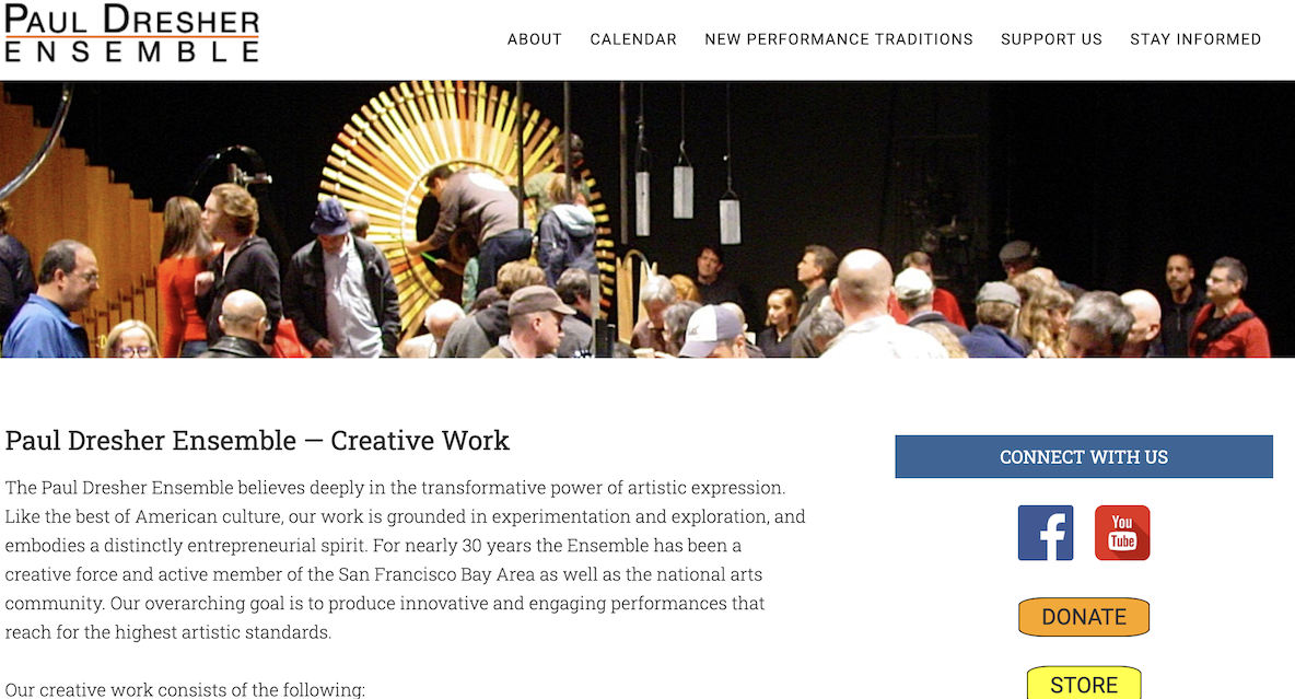 A group of people gather on a stage with musical instruments, including a large gong, under warm lighting. The website header reads Paul Dresher Ensemble, and there are buttons for social media and donations on the right.