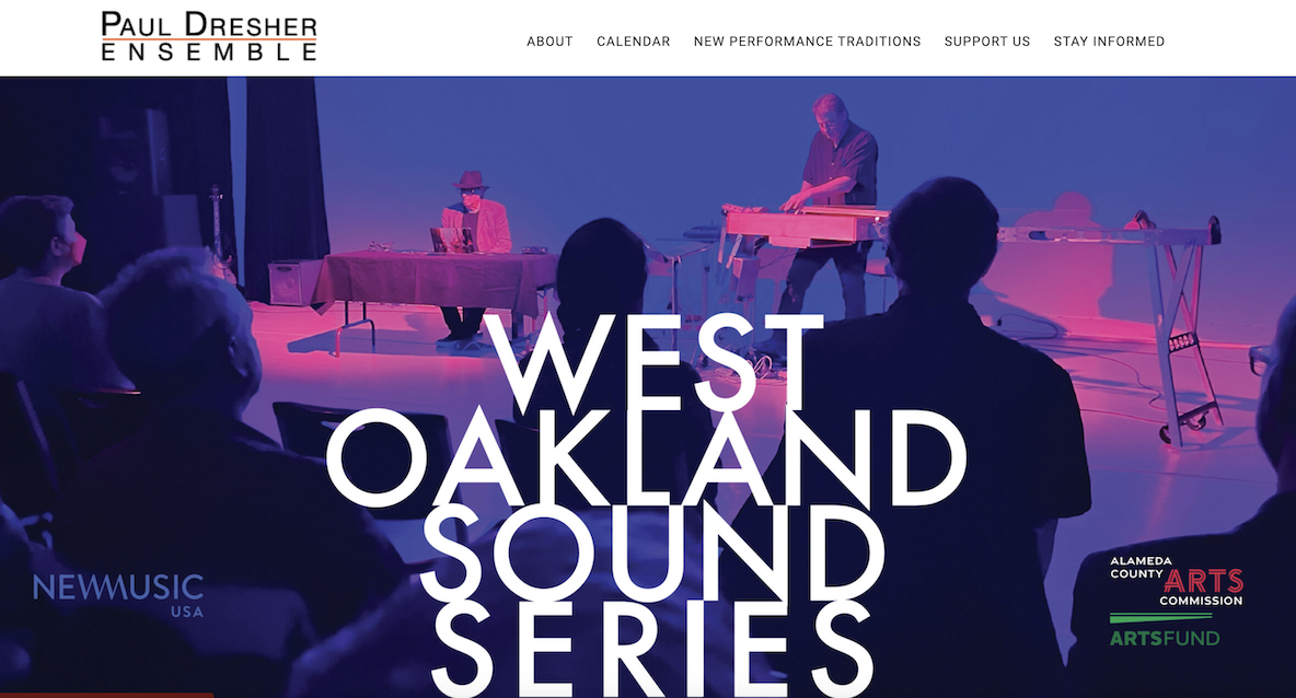 Two musicians perform on stage with electronic instruments under purple and blue lighting, as an audience watches. Large white text reads “WEST OAKLAND SOUND SERIES.” Logos appear in the corners.