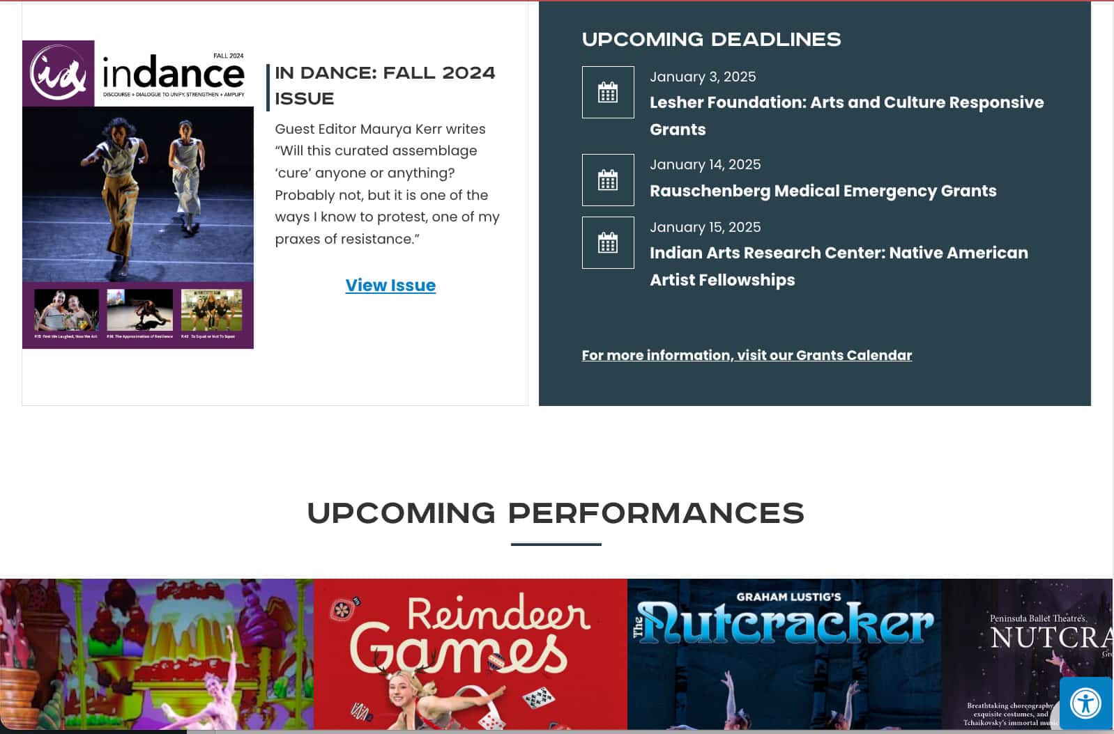 Screenshot of a website showing a magazine issue preview, upcoming grant deadlines, and upcoming performances. The lower section displays images and titles for shows like Reindeer Games and Nutcracker.
