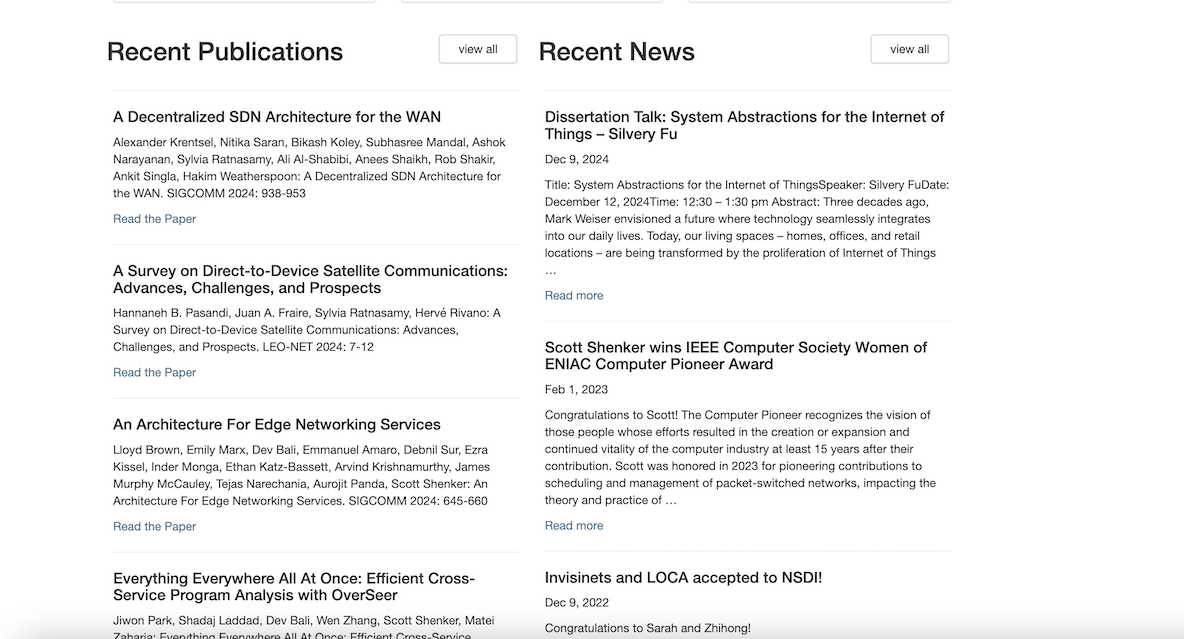 A website section showcases “Recent Publications” and “Recent News” from the Berkeley NetSys Lab, listing academic paper titles, authors, and brief descriptions, with options to view more items and linked headlines for further reading.