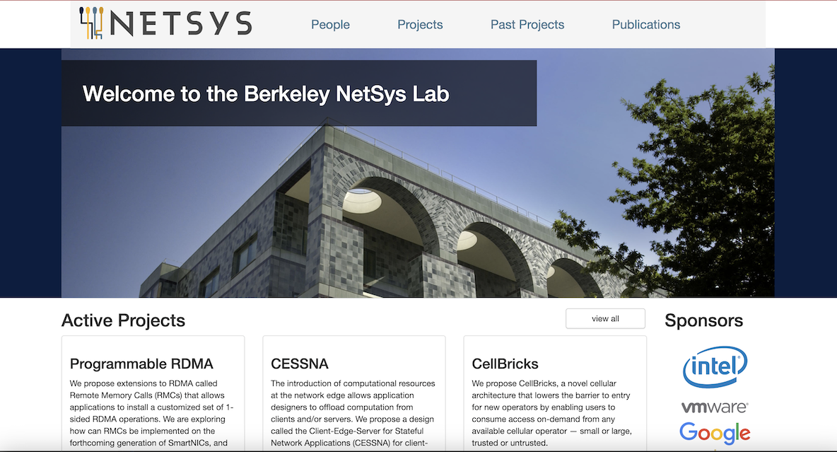 Screenshot of the Berkeley NetSys Lab website featuring a modern building, navigation menu, lab welcome, descriptions of active Berkeley NetSys Lab projects, and sponsor logos including Intel, VMware, and Google.