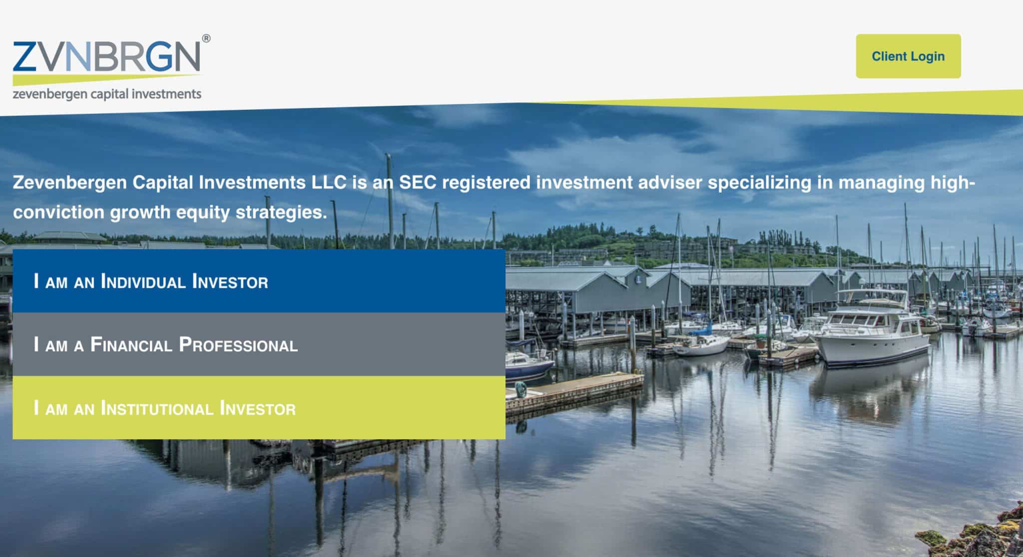 A marina with several boats docked on calm water, trees in the background. Overlaid text includes options for individual, financial, and institutional investors, and a Client Login button. Zevenbergen Capital Investments branding is visible.