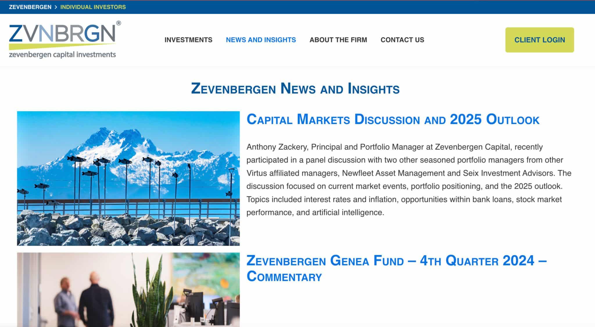 A financial website page displays news and insights, featuring a banner of snowy mountains over water, investment topics, article excerpts, and a yellow Client Login button.