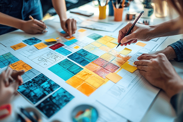 Several people collaborate at a desk covered with colorful charts, sticky notes, and design layouts, actively drawing and organizing ideas, indicating a creative planning or brainstorming session.