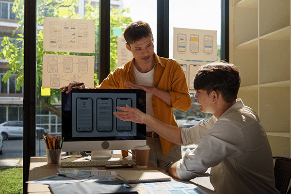 Two people collaborate in a bright office, reviewing mobile app designs displayed on a computer monitor. One person stands pointing at the screen while the other sits and gestures, surrounded by design sketches and notes.