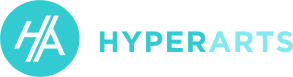 Logo for HyperArts featuring a turquoise circle with white stylized HA initials, followed by the word HYPERARTS in uppercase turquoise letters on a light background.