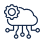 A simple line drawing of a cloud with a gear on its upper left side and five lines extending downward, each ending in a small circle, representing cloud computing and technology integration.