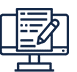 A computer monitor displaying a document with lines of text and a large pencil icon writing on the page, symbolizing digital writing or editing.