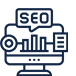 Line drawing of a computer monitor displaying a bar graph and a document, with a magnifying glass and a speech bubble containing the text SEO, representing search engine optimization.